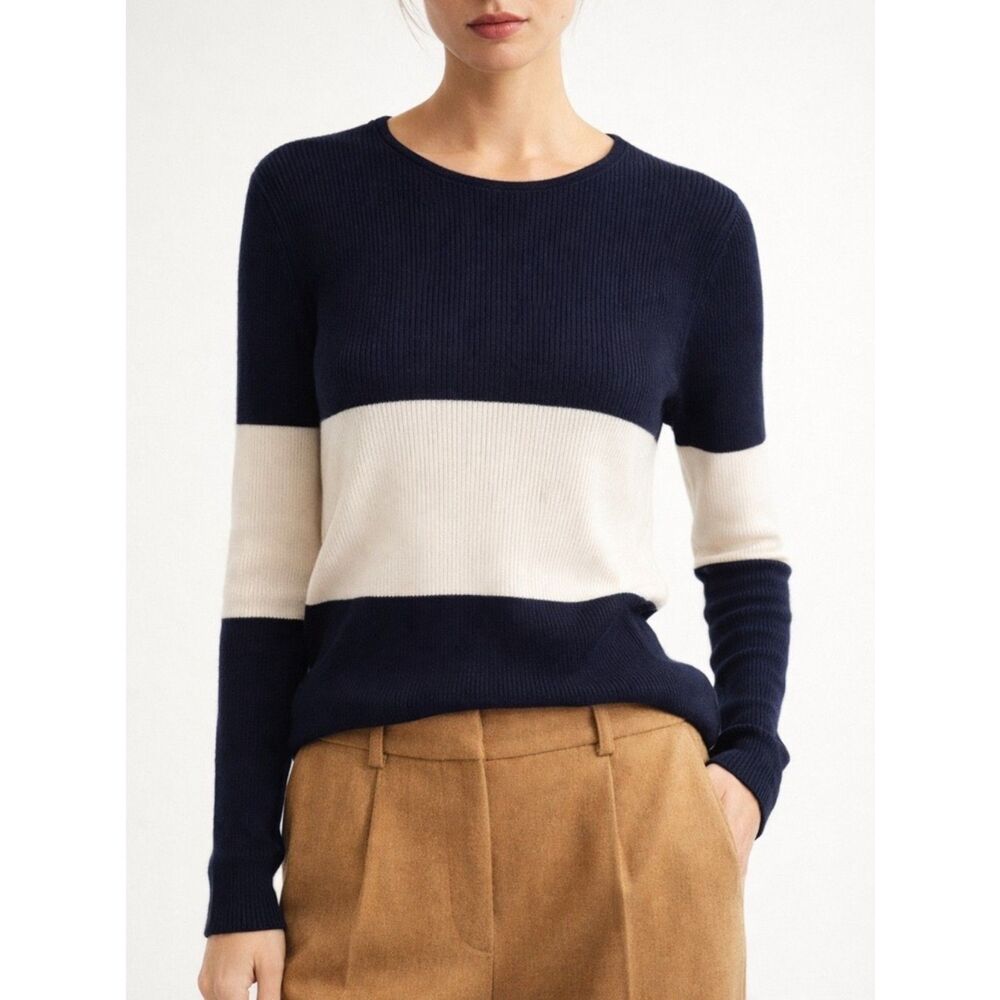 Worth Sweater Women's Size Large 100% Wool Pullover Navy & Ivory Rugby Stripe